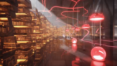futuristic library with glowing lamps