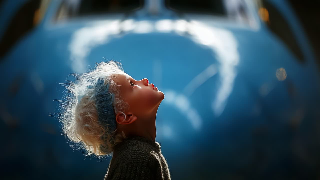 A young child gazes upward in awe towards an airplane, showcasing youthful curiosity and wonder in a serene environment against a backdrop of soft blue tones