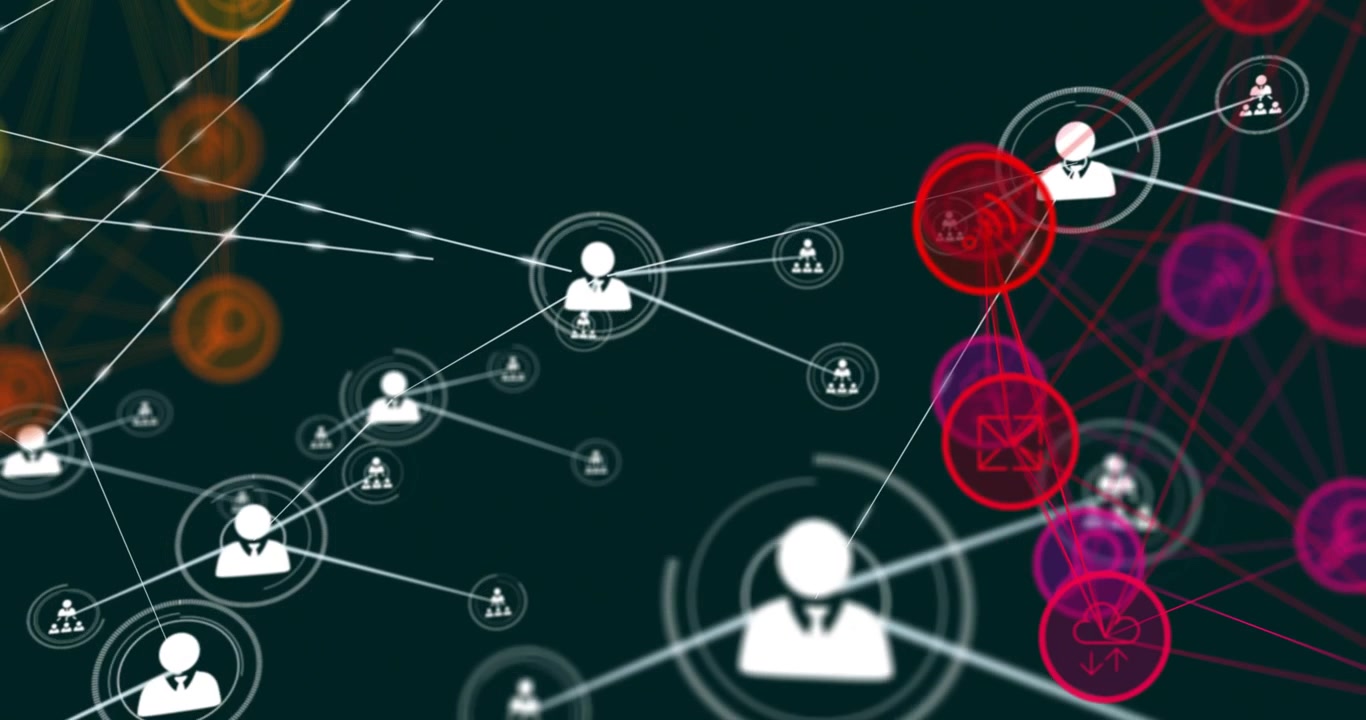 Central avatar sending signal toward red cluster, activating avatars for business, pulsing lines