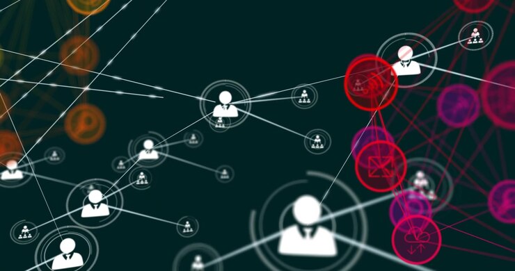 Central avatar sending signal toward red cluster, activating avatars for business, pulsing lines
