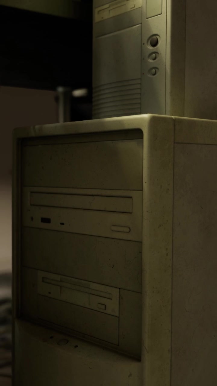 Old computer tower in a dimly lit room near a wall at night