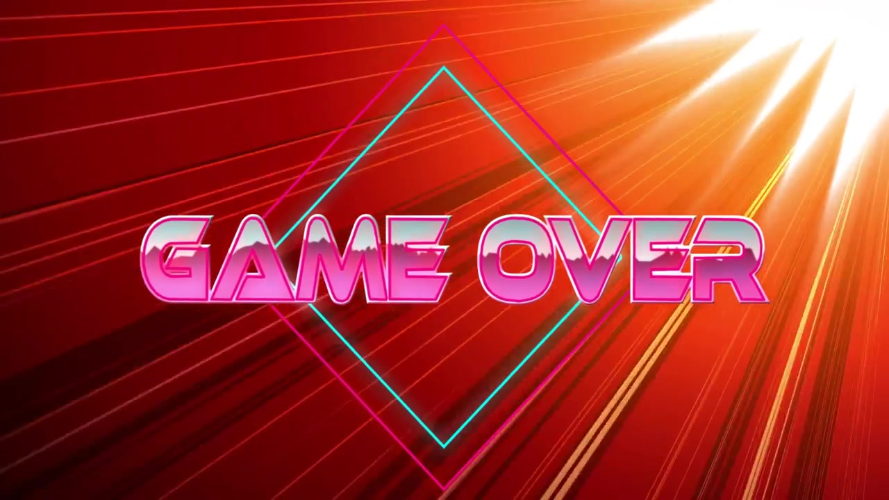 Su un contorno al neon che appare, il testo rosa "GAME OVER" scorre e un diamante pulsa per segnare la fine del gioco.
