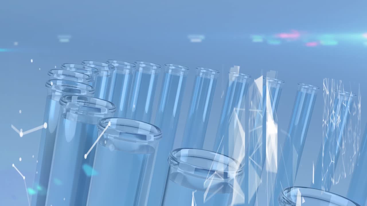 파란색 액체로 실험실 시험 튜브에 대해 떠있는 연결의  ⁇ 색 네트워크의 애니메이션