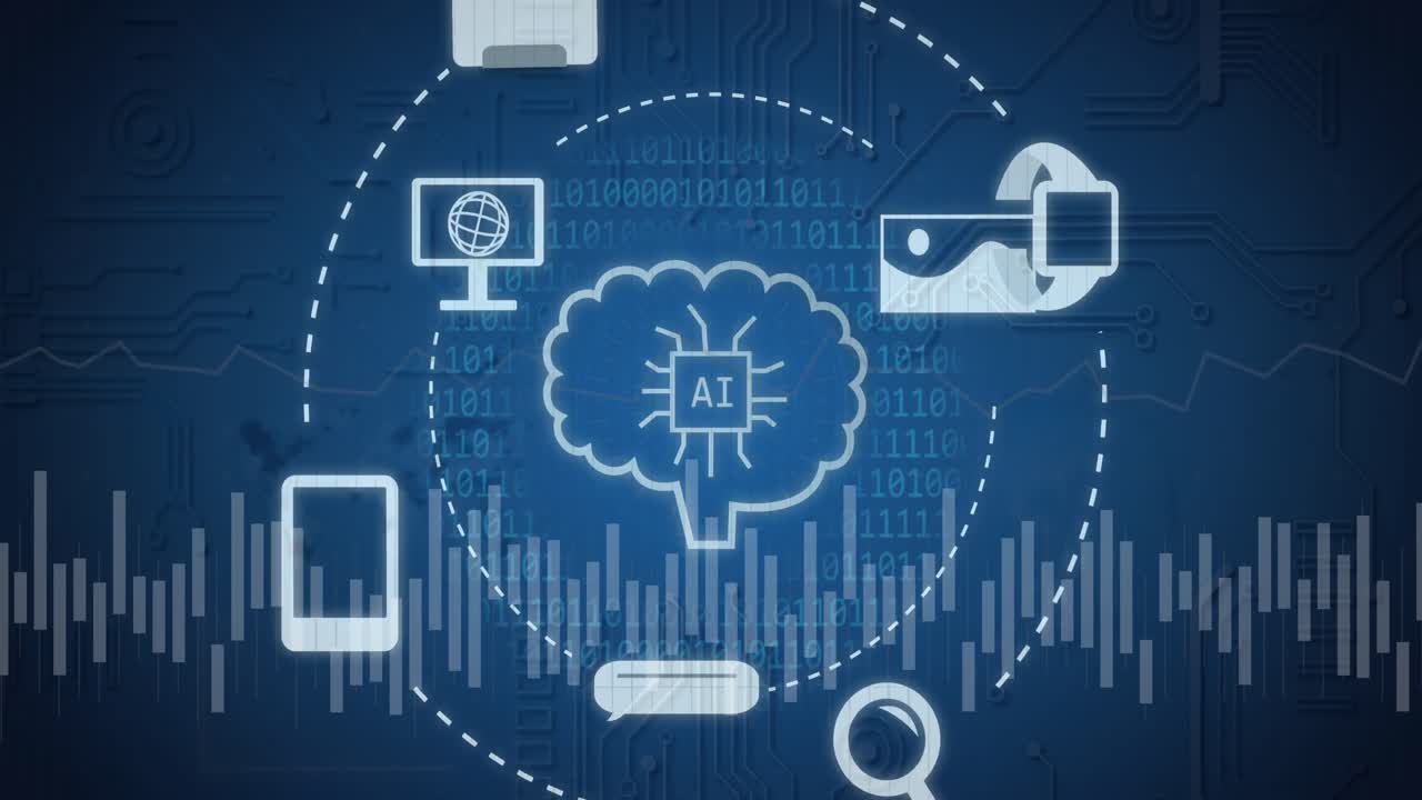 아이콘과 연결 네트워크로 데이터 처리의 애니메이션