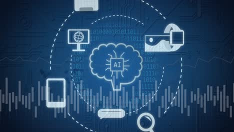 animación de un procesamiento de datos con iconos y red de conexiones