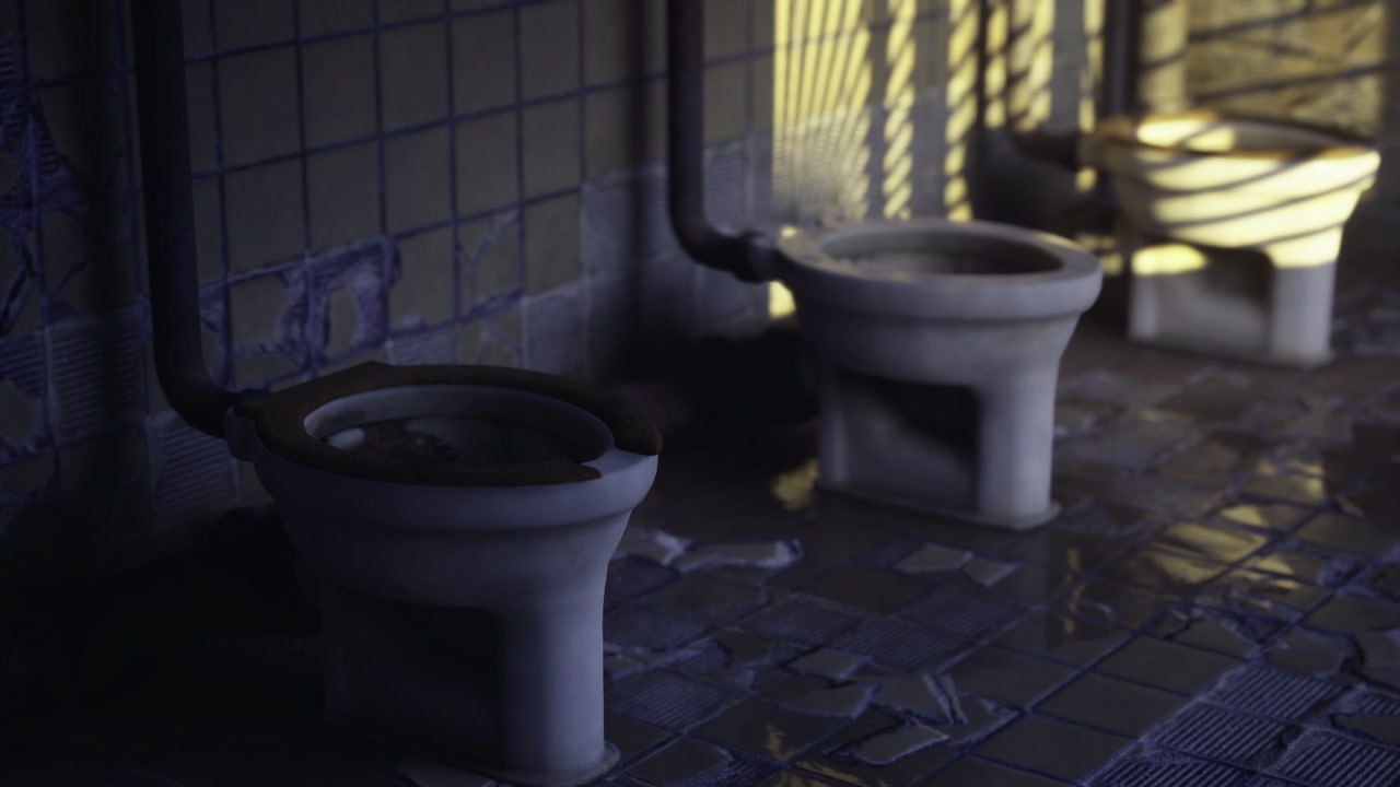 Detailed scene showing worn porcelain toilets with reflective wet tiles