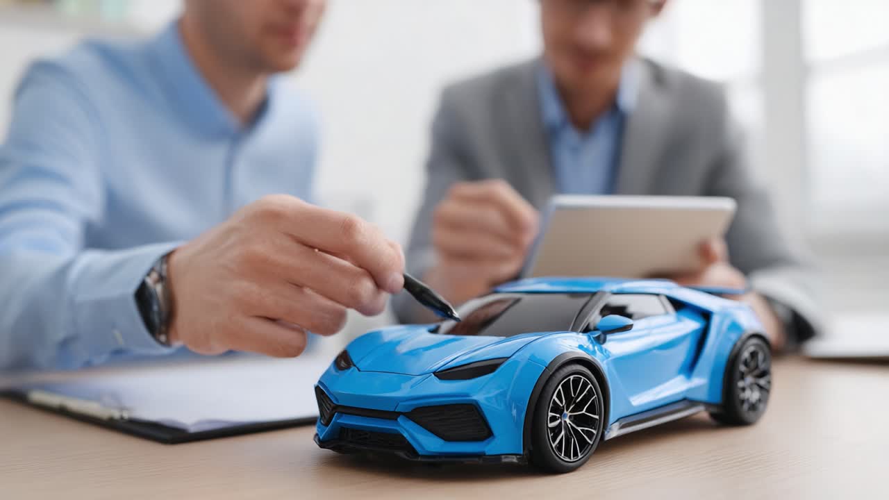 Two Professionals Collaborating on a Design Project, Using a Blue Scale Model Car for Visualization and Ideas in an Office Setting