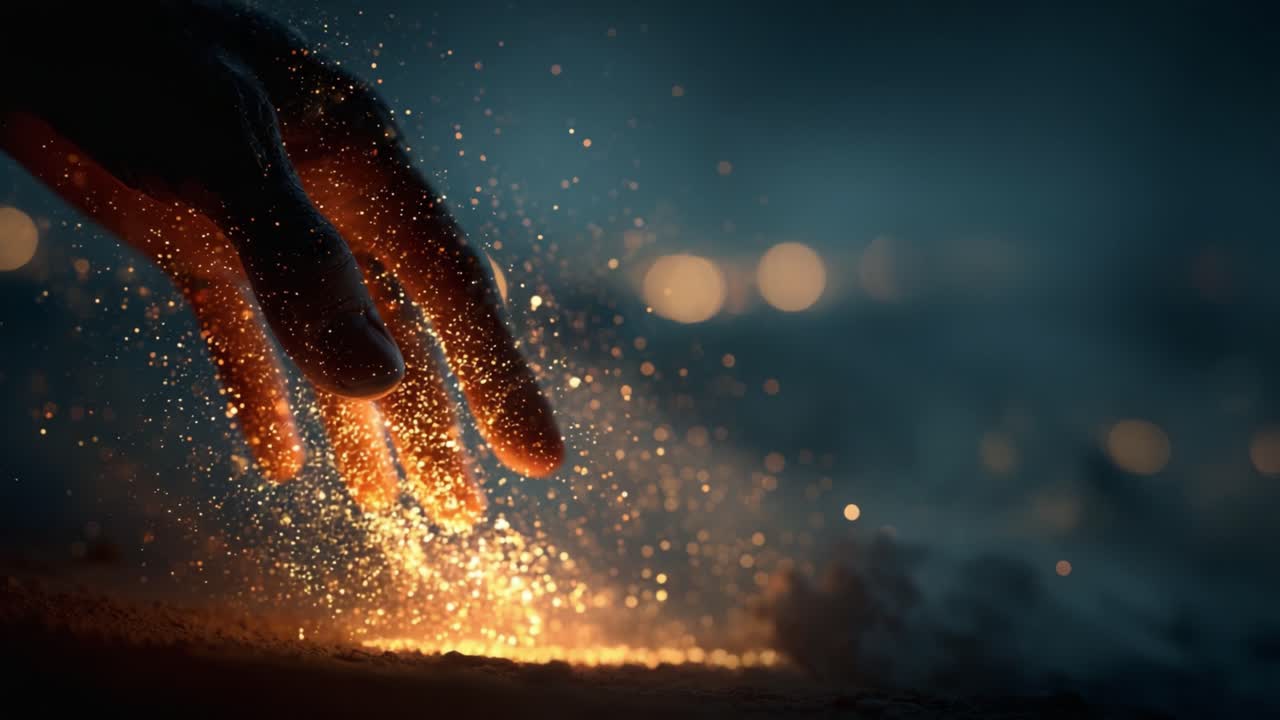 Un momento accattivante di una mano che tocca polvere scintillante, illuminato da una luce soffusa, creando un'atmosfera incantevole e onirica sullo sfondo