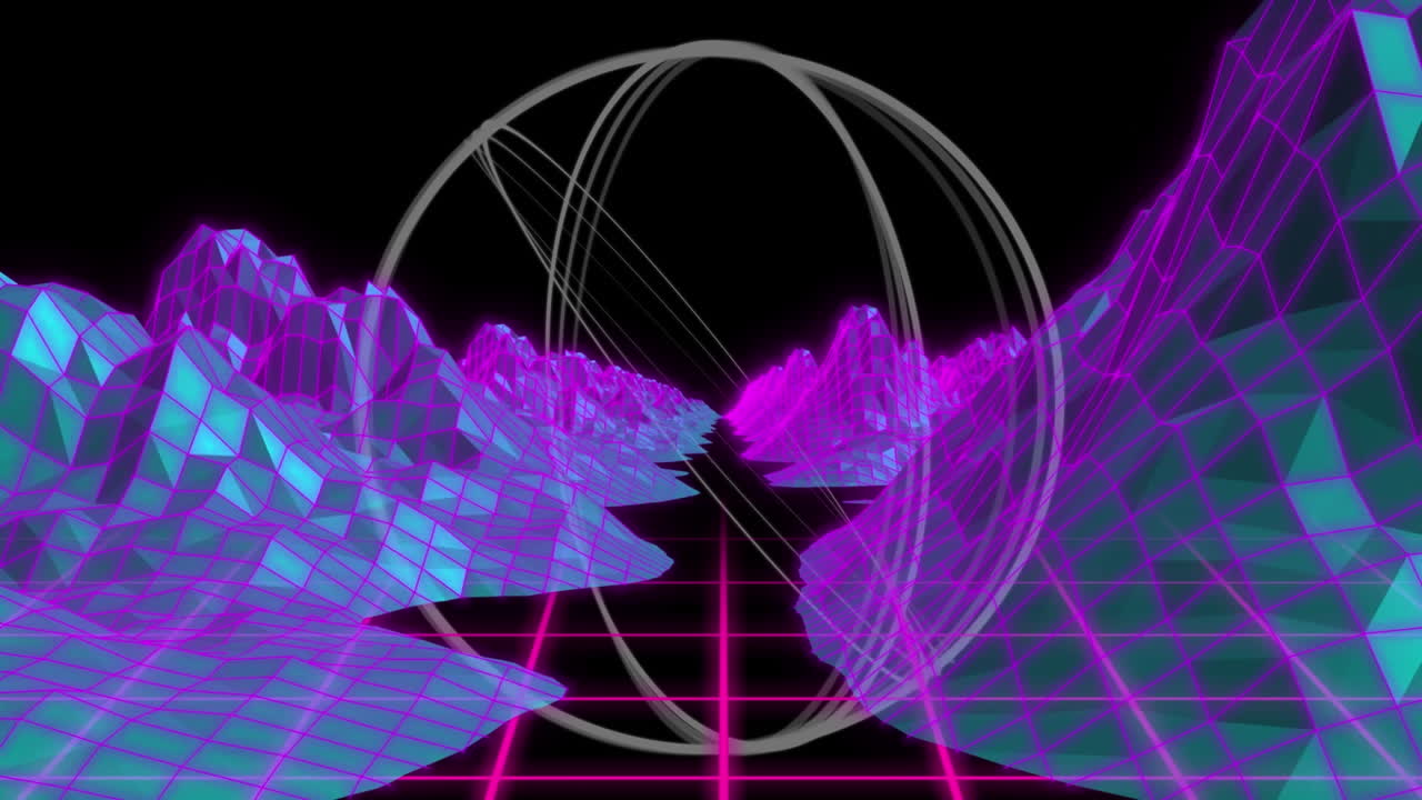 Animation of white rings spinning over pink digital landscape and grid on black