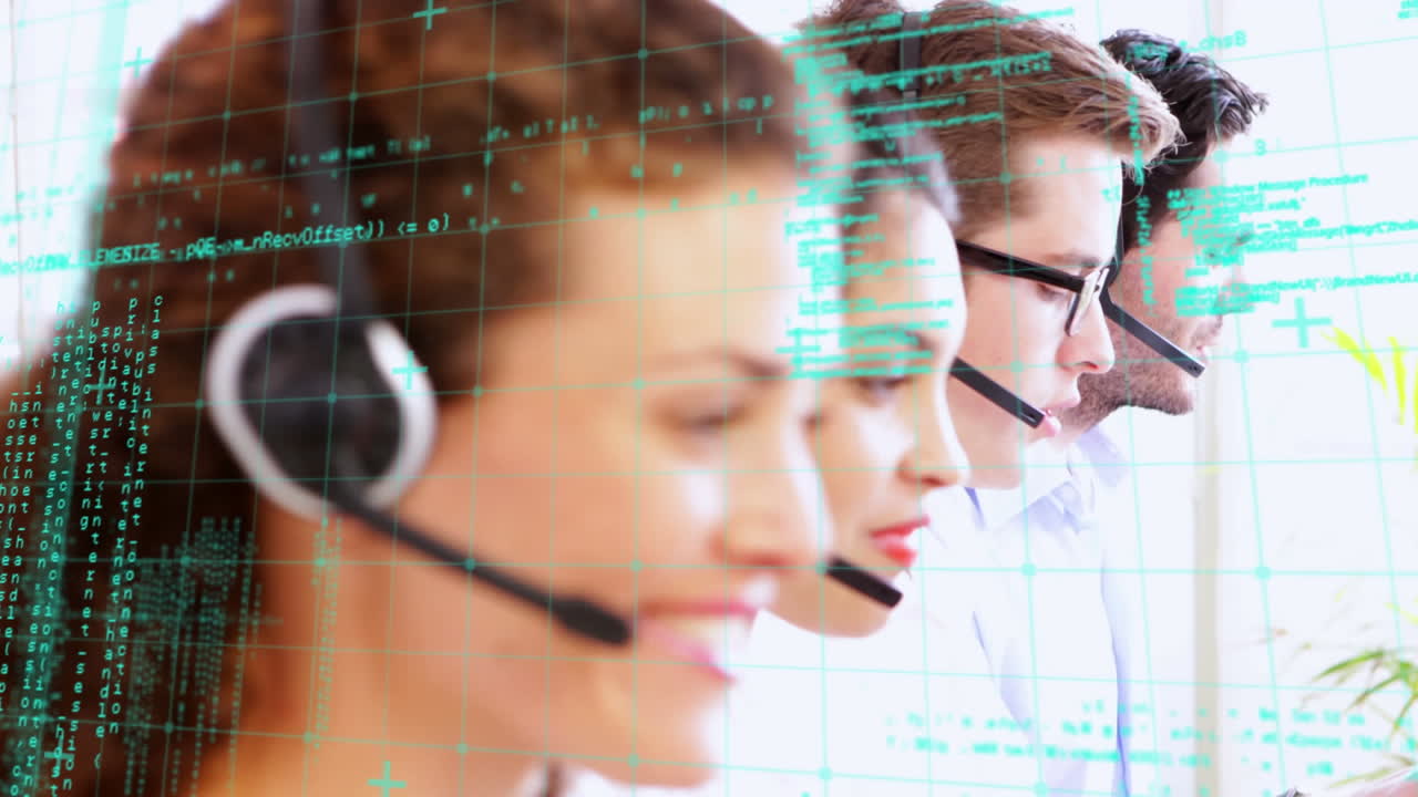 Animation of financial data processing over people wearing phone headsets