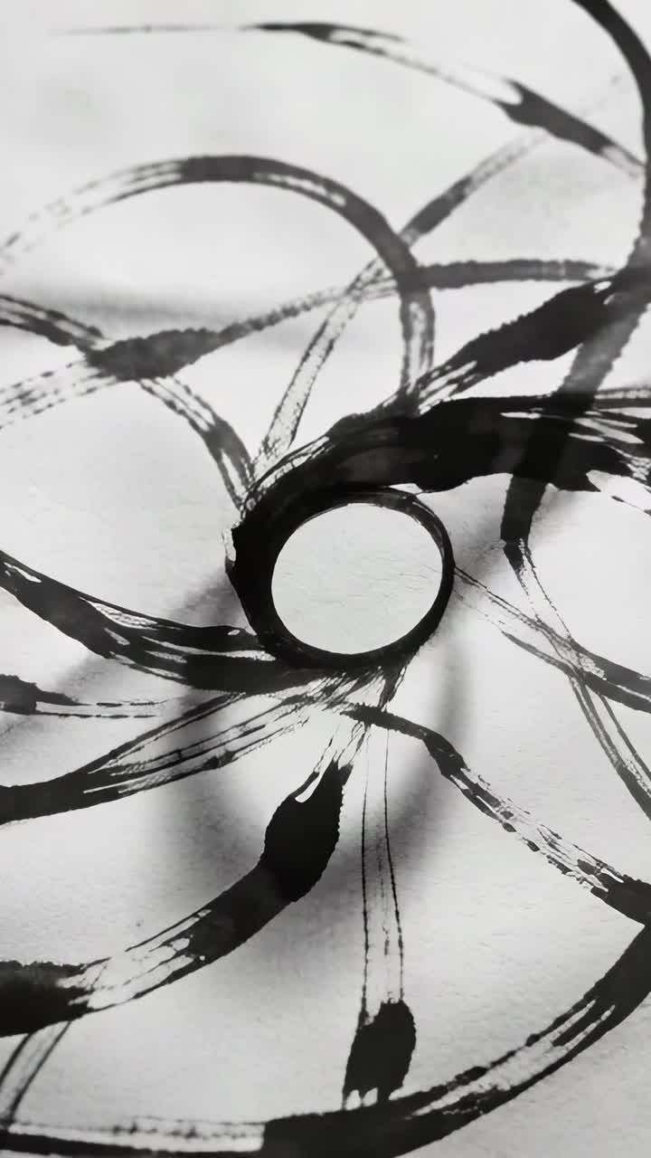 Verticale video: Zich ontwikkelende zwarte inkttspiraal die in bloemachtige lussen krult op wit papier, diagonale schaduw.