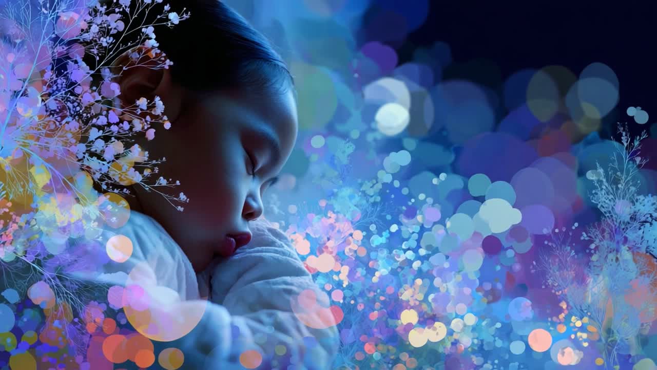 A Dreamy Moment: A Serene Child Appears Lost in Sleep Surrounded by Cascading Soft Colors and Ethereal Lights That Create a Magical Atmosphere of Peace and Tranquility