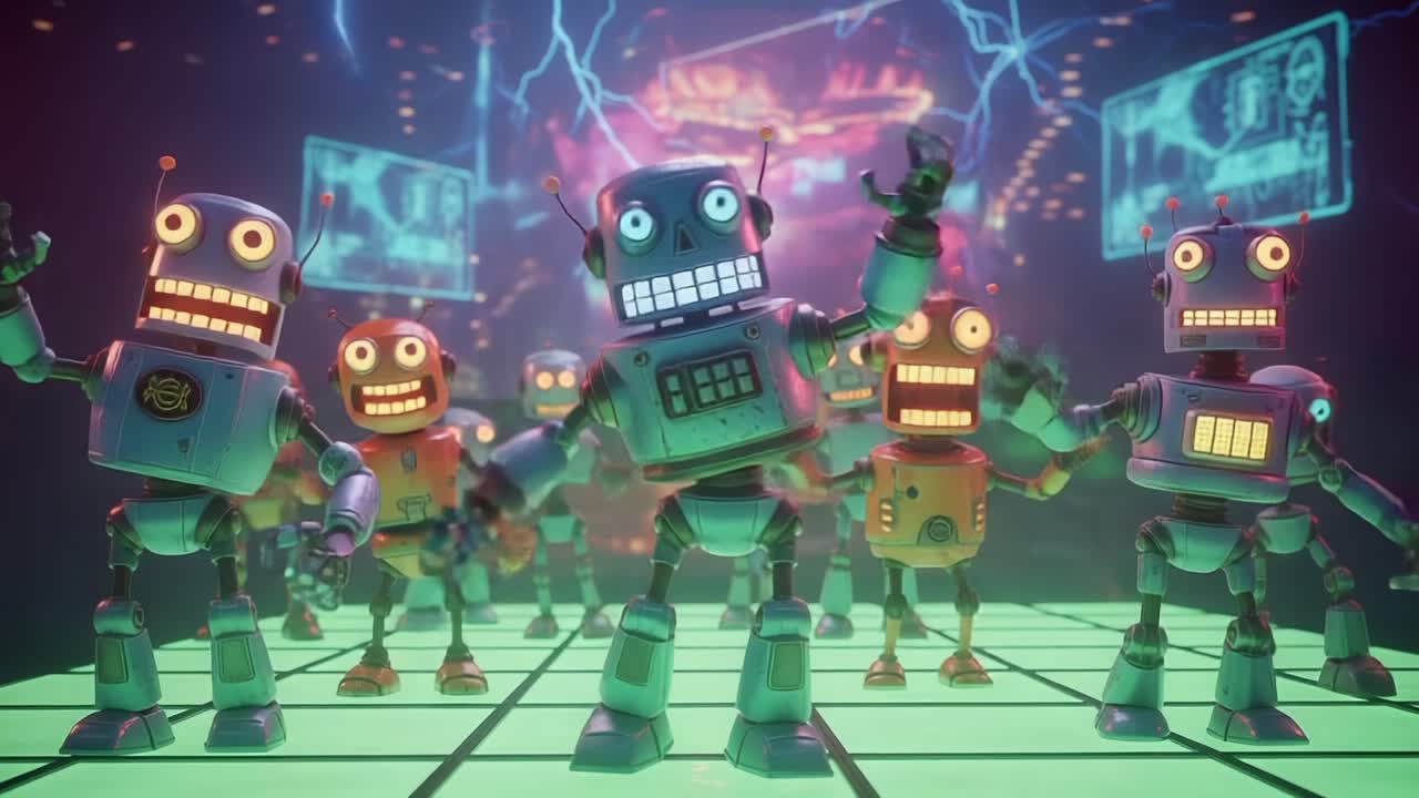 A Whimsical Gathering of Robotic Characters in a Neon-Illuminated Stage, Showcasing a Playful Dance with Lively Expressions Against a Futuristic Background
