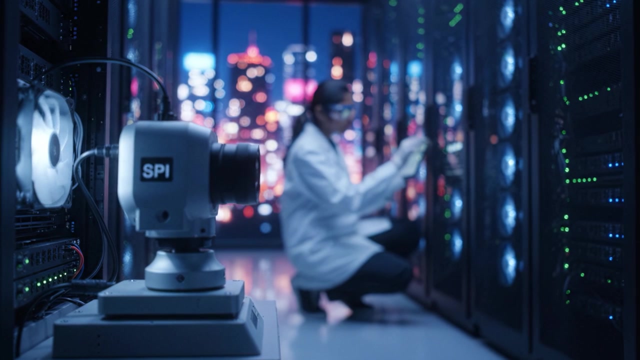High-Tech Surveillance: Advanced Security Camera Monitoring a Data Center with a Technician in Action Amongst High-Performance Servers and Bright Cityscape
