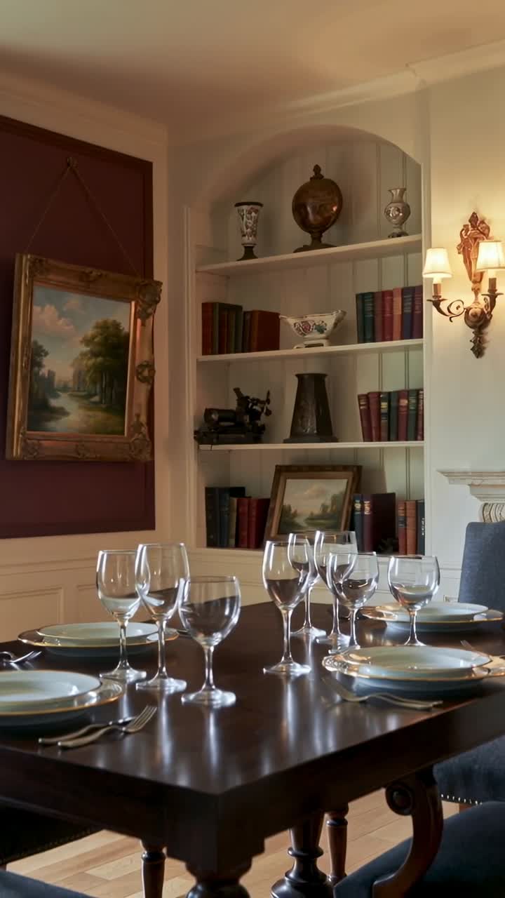 Vertical video: Panning camera showing table set for meal with stemware at home revealing sconce