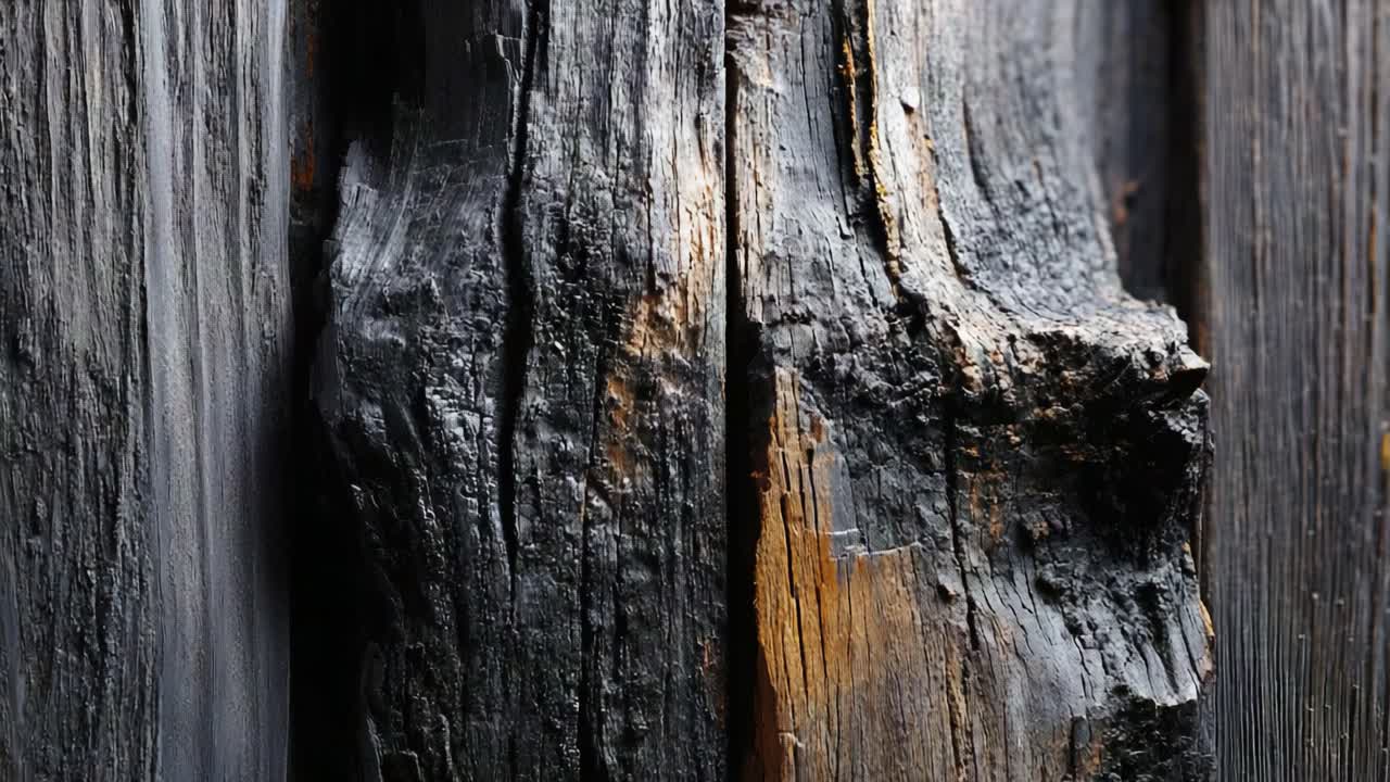 Close-up of Weathered Wooden Texture Showcasing Charred and Natural Patterns, Highlighting the Unique Features of Timber in Its Natural State and the Effects of Time and Elements
