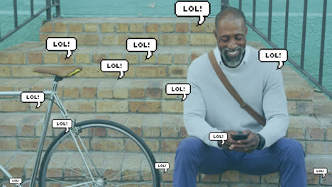 multiple speech with lol text floating against african american senior man using smartphone