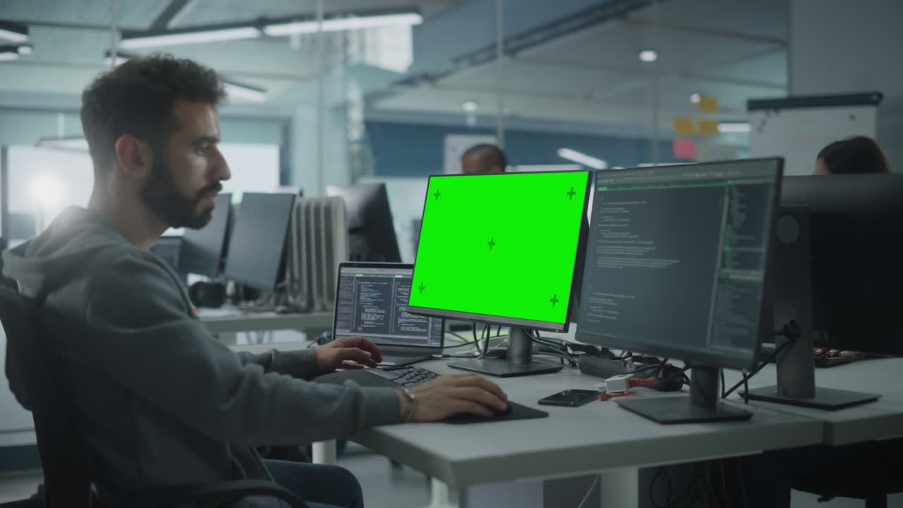 oficina multiétnica: programador informático blanco trabajando en una computadora con pantalla verde con pantalla de tecla de croma. ingeniero de software masculino desarrollando aplicación, programa, videojuego. terminal con lenguaje de código. toma estática