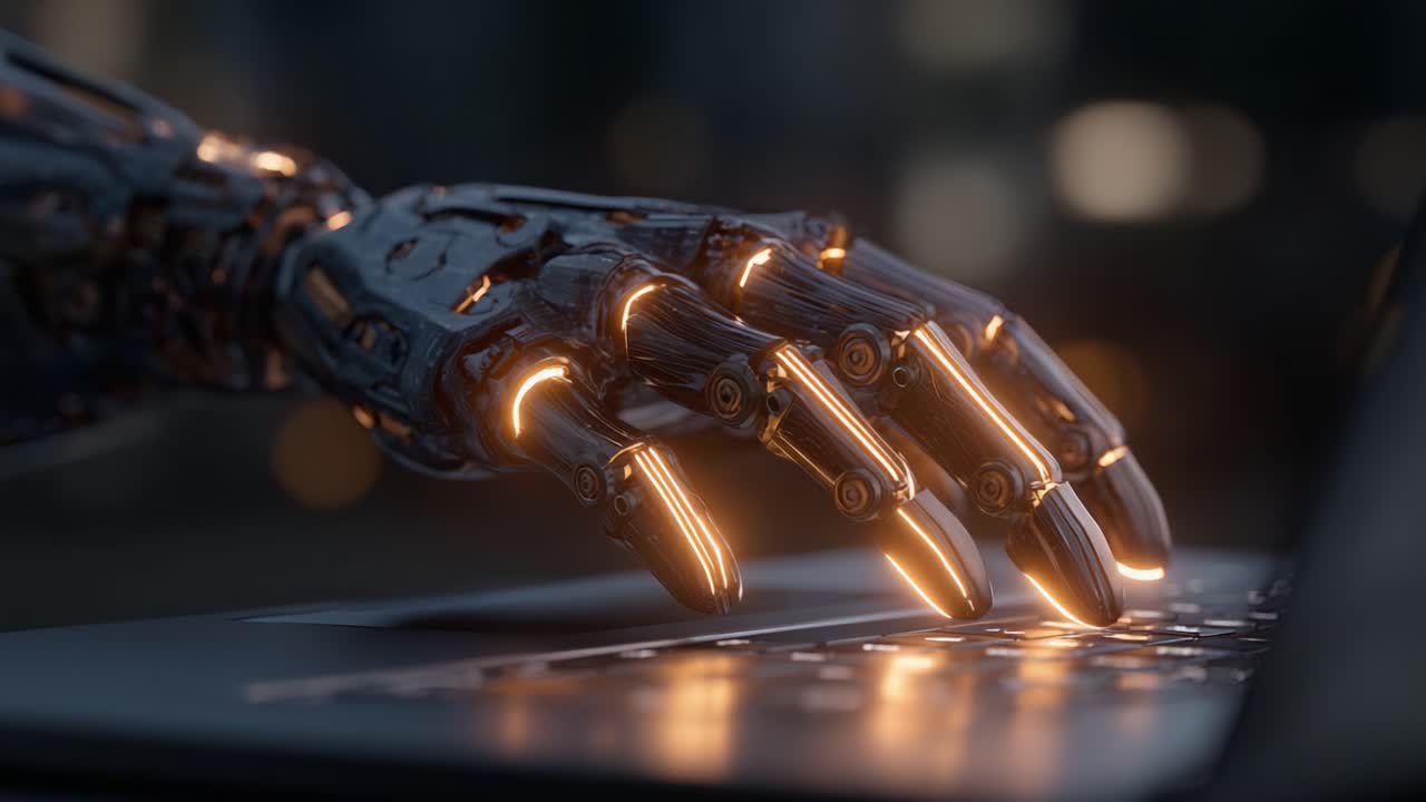 A Close-Up View of a Futuristic Robotic Hand Interacting with a Laptop Keyboard, Showcasing Advanced Technology and Intricate Design in a Modern Setting
