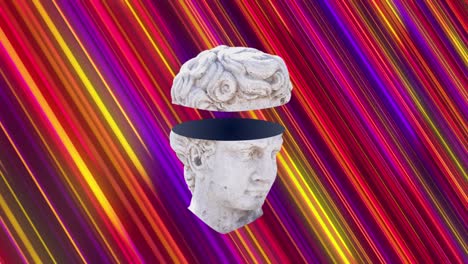 animation of antique sliced head sculpture over striped background