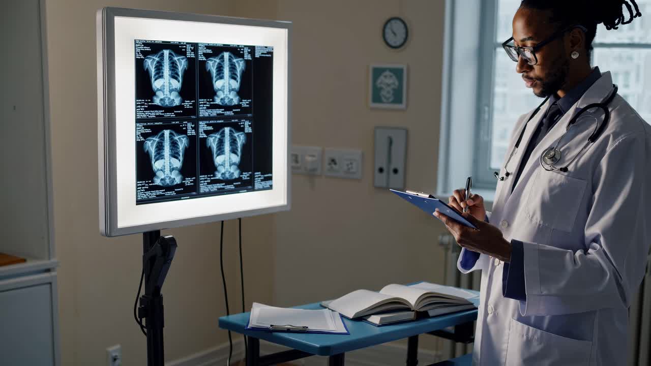 A doctor reviews X-rays on a lightbox, writing notes. The side angle captures a clinical setting