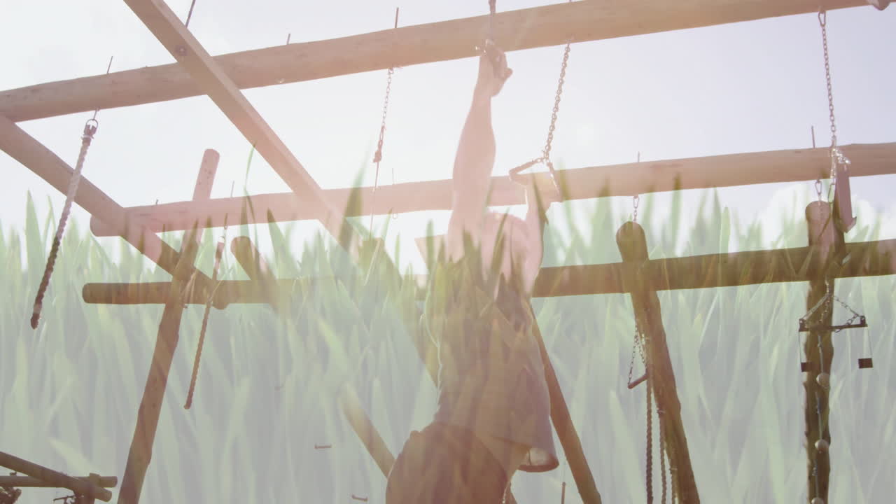 Climbing obstacle course, person navigating while overlaid with grass animation