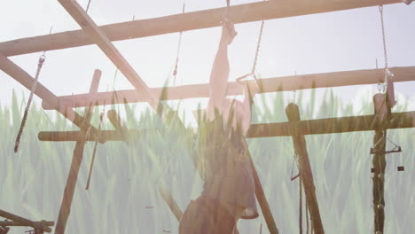 climbing obstacle course, person navigating while overlaid with grass animation