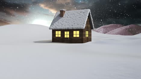 Animación-De-Nieve-Cayendo-Sobre-Una-Casa-En-Un-Paisaje-Invernal.