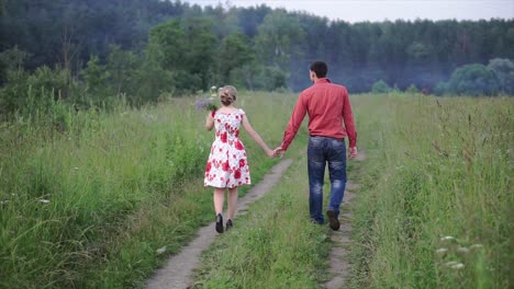 couple walking hand-in-hand through a field