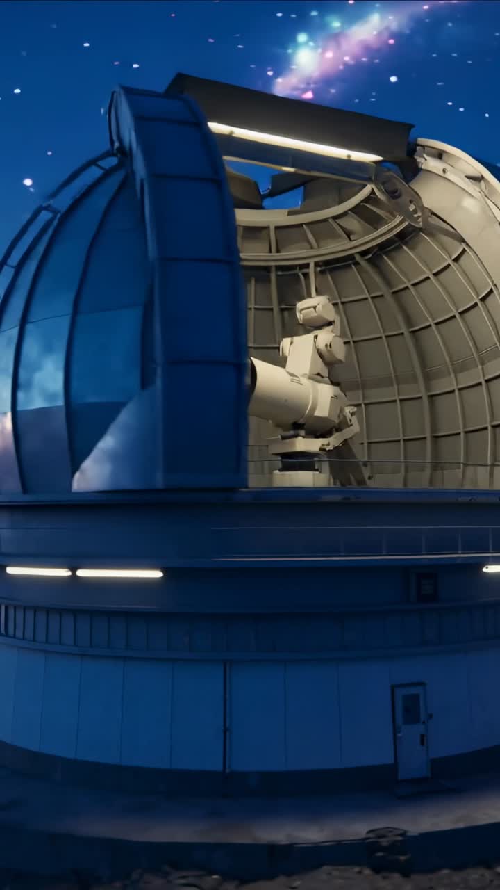 Vídeo vertical: Abrindo o obturador em cúpula de pesquisa revelando telescópio para observação de estrelas na montanha