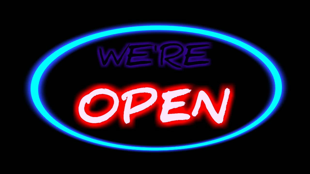 signo de neón texto estamos abiertos parpadea y brilla en fondo negro, se utiliza para bar, club nocturno, restaurante y tienda cartelera moderna para el concepto de negocio.4k video