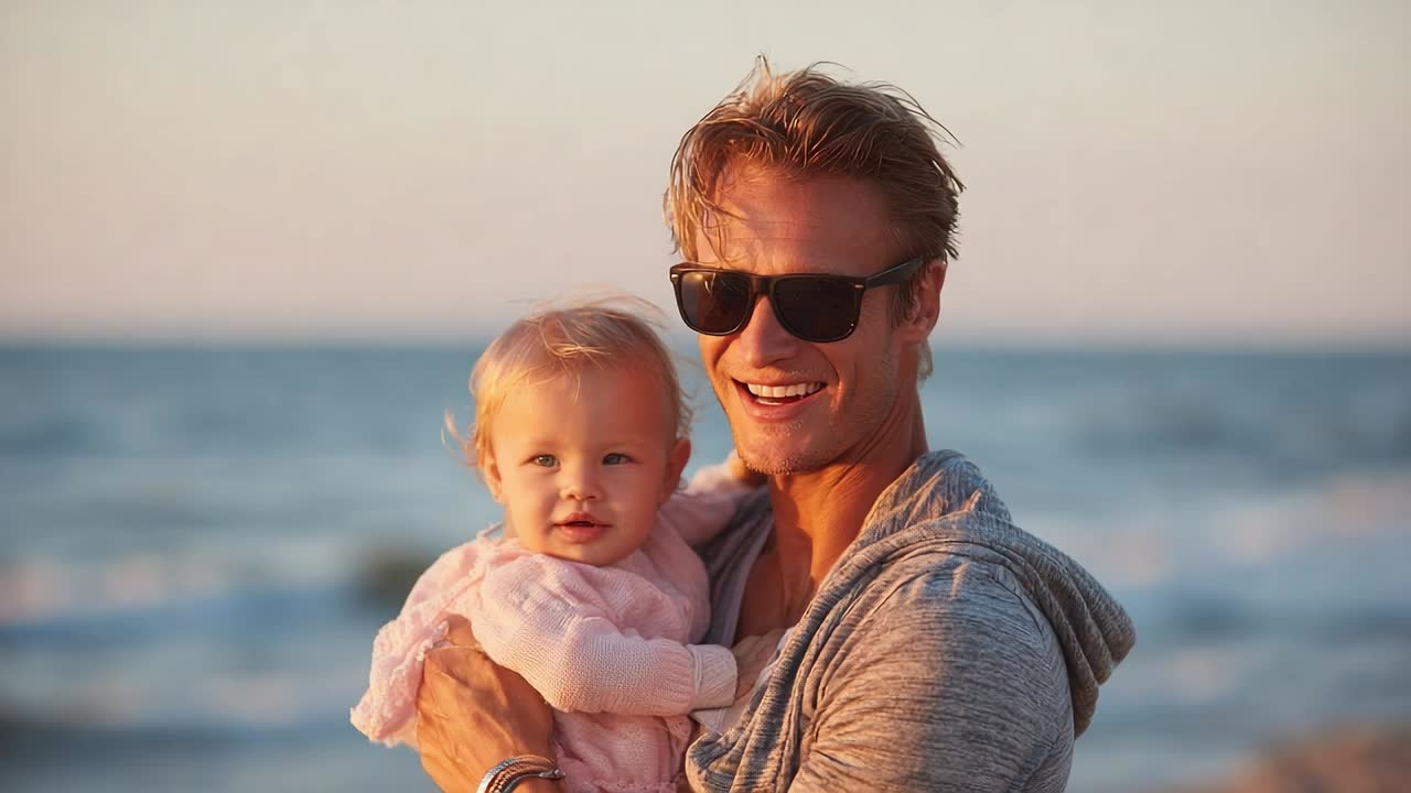 Padre sorridente tiene in braccio una bambina sulla spiaggia al tramonto