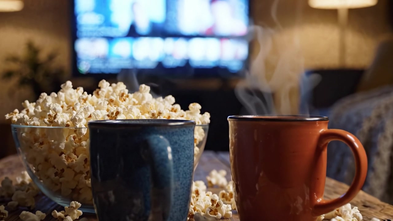 自宅で過ごす完璧なエンターテイメントとリラックスの夜にぴったりの、できたてのポップコーンと温かい飲み物が揃った居心地の良い映画鑑賞の準備。