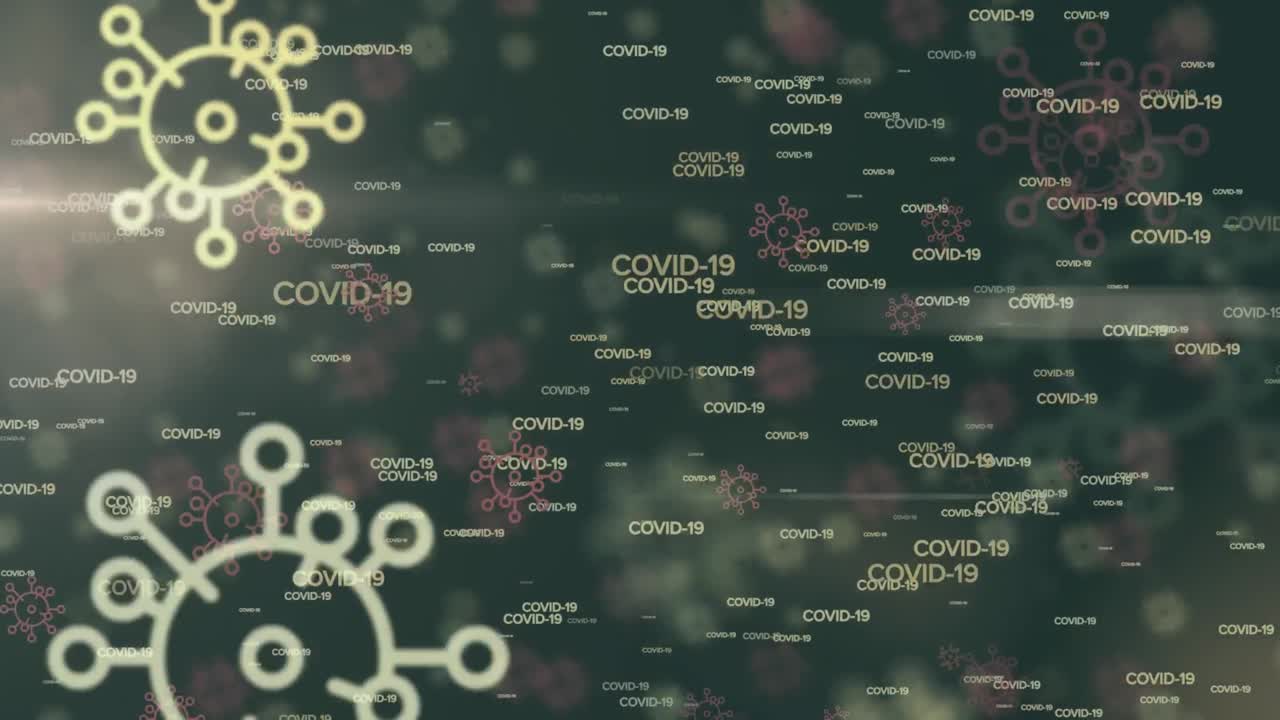 Animazione di batteri sopra le informazioni sul COVID-19 scritte in maiuscolo bianco su uno sfondo verde