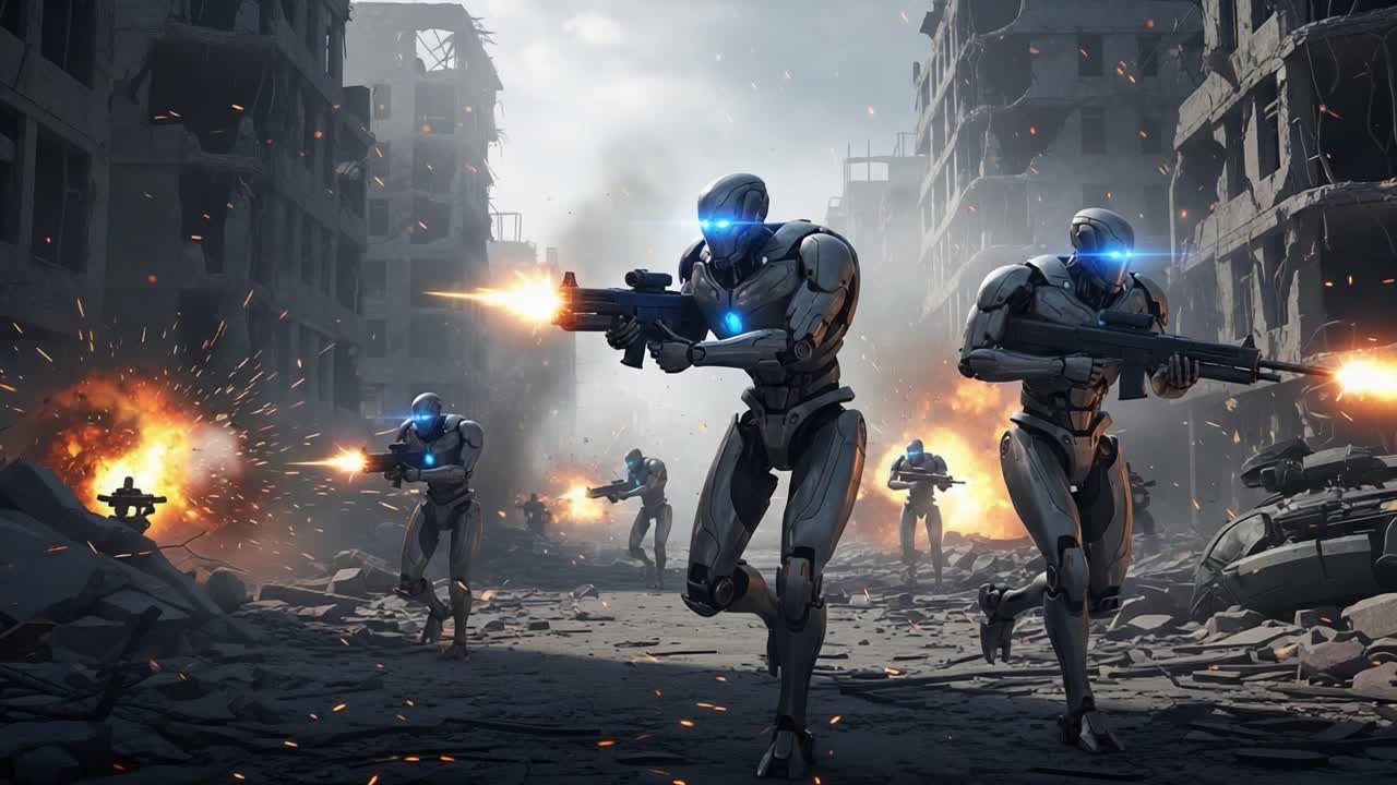 High-Octane Action Sequence Featuring Robotic Soldiers Engaged in Intense Combat Amidst a Desolate Urban Battlefield with Explosive Effects