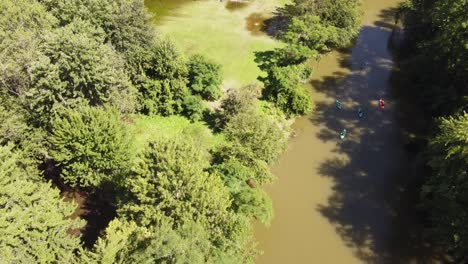 Kayakers-At-Huron-River-Near-Flat-Rock-In-Southeast-Michigan---aerial-drone-shot