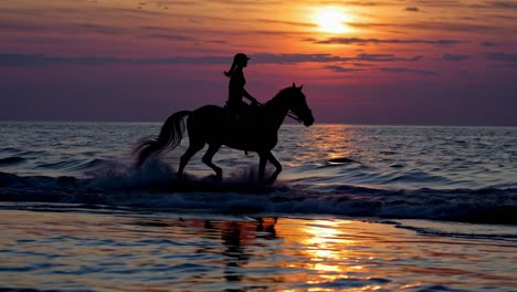 mujer a caballo en una playa al atardecer