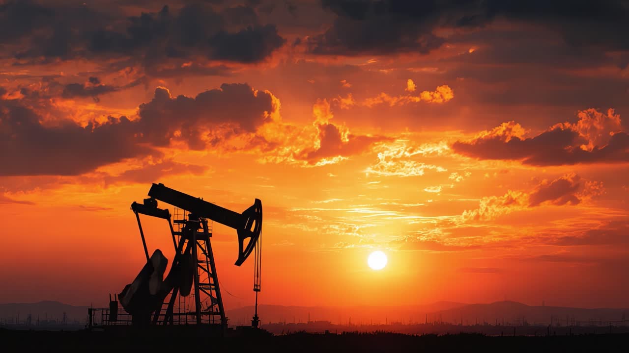 Unidad de bombeo de petróleo silueteada contra un atardecer dramático con colores vívidos que reflejan el poder y la belleza de los recursos naturales en un cielo expansivo.