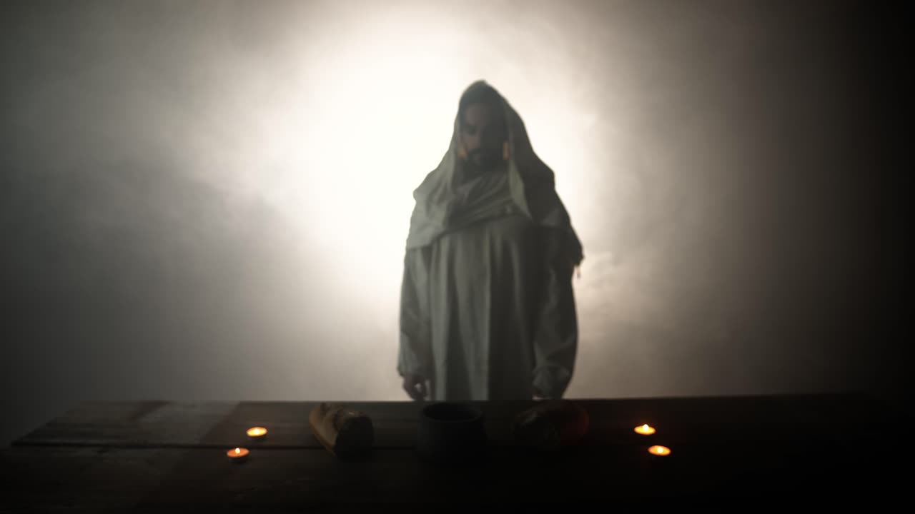 Jesus Christ walking to a table with Christian sacraments of bread and wine for last supper, communion, Easter symbolism. In cinematic slow motion with ambient light. Christianity visual.
