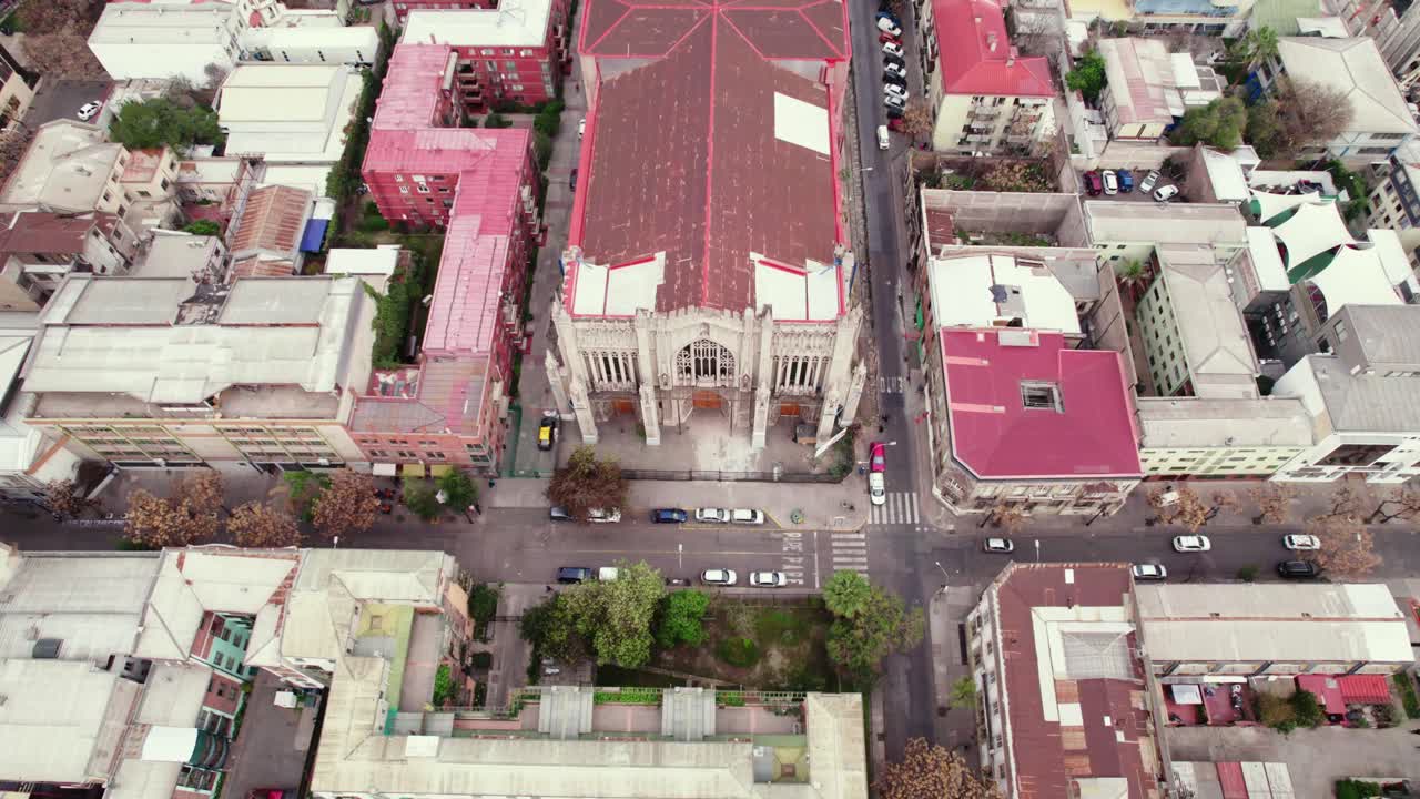 Bird's eye view establishing the Gothic style Basilica of the Savior, downtown Santiago, Chile