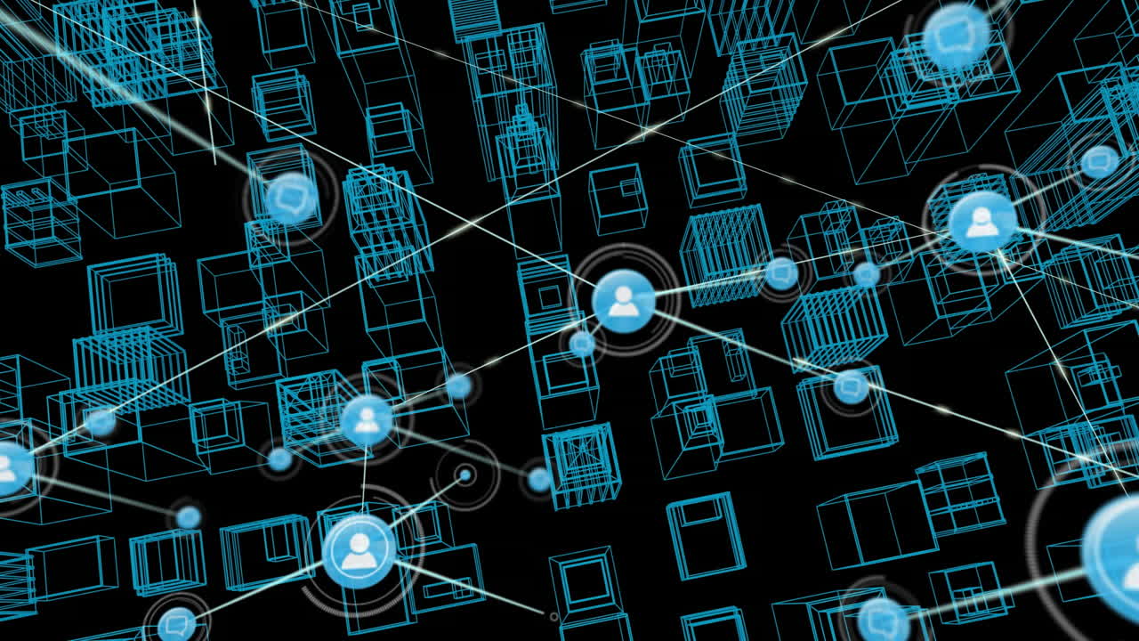 Animation of network of connections with icons and city on black background