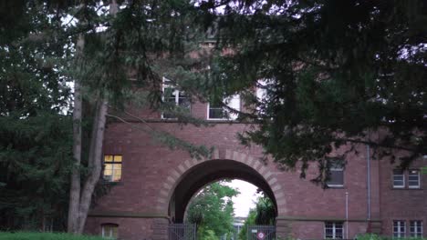 slow horizontal motion of a dark brick building entrance behind pine trees in a park