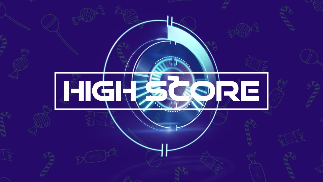 Animation of high score text over scope scanning and candy icons on blue background
