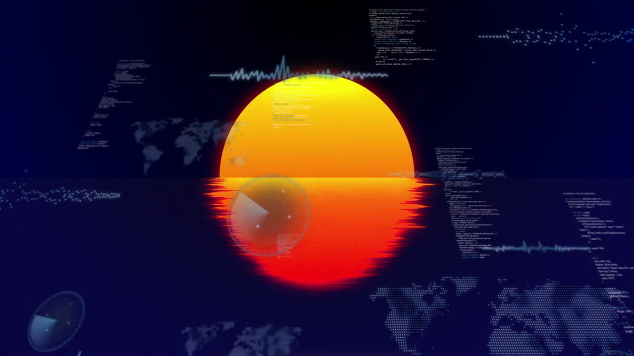 Sunset animation over digital world map with data and waveforms