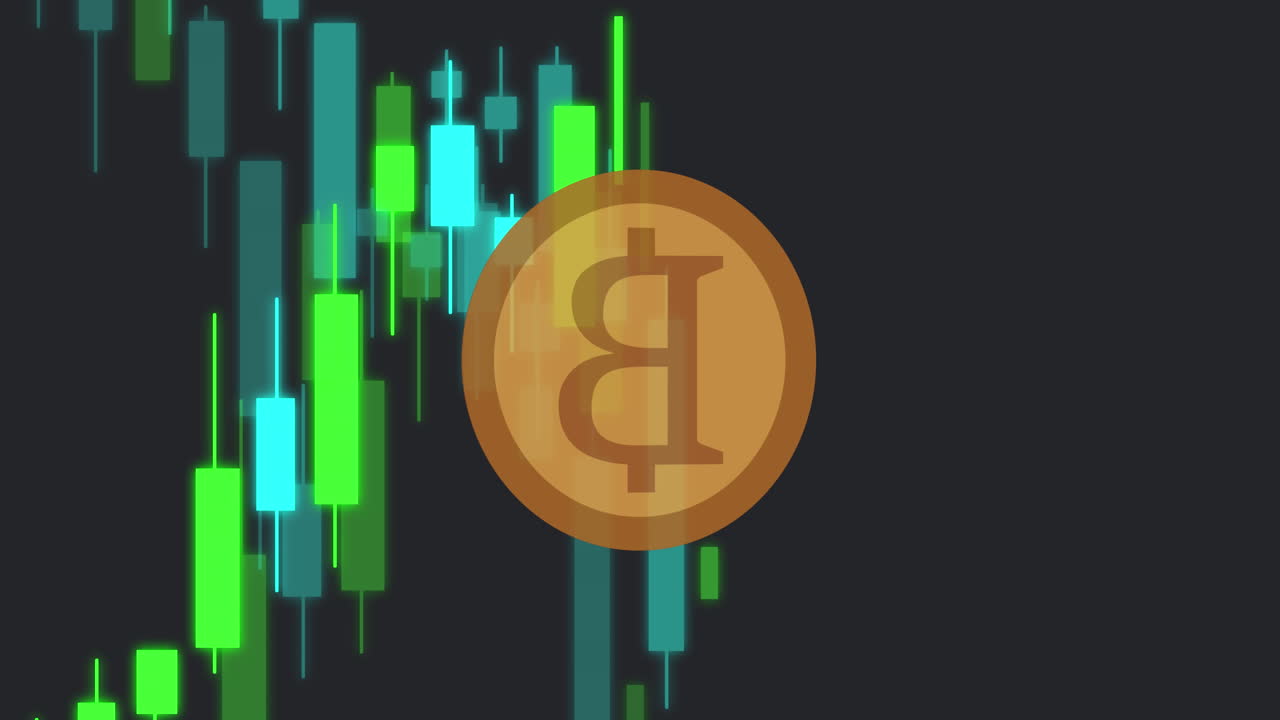 animación de bitcoin sobre el procesamiento de datos financieros en fondo negro