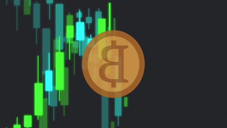 animation of bitcoin over financial data processing on black background