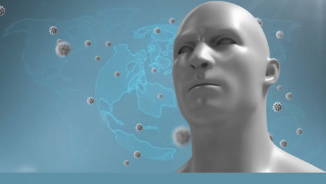 animation of covid 19 cells floating over human head and globe on blue background