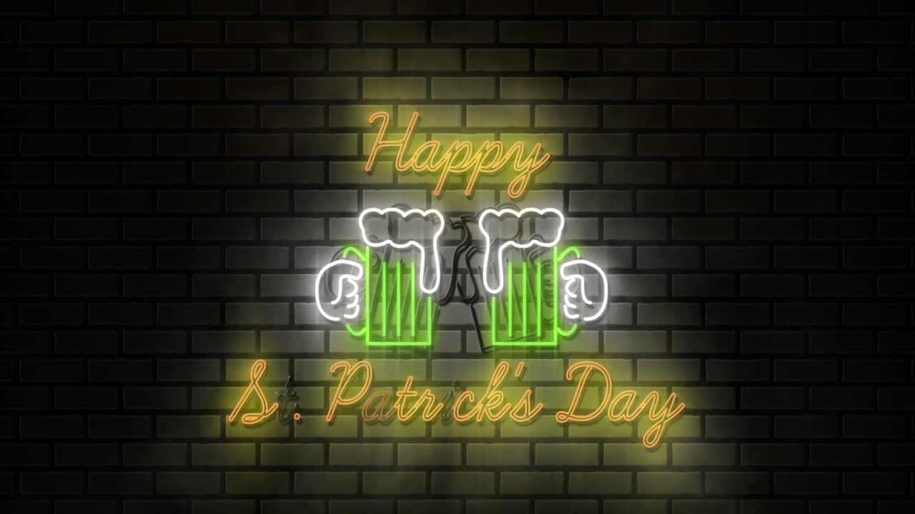 Animation of the words Happy St. Patrick's Day written in neon flickering yellow letters