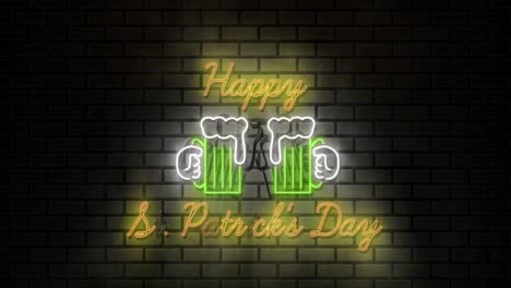 Animation-of-the-words-Happy-St.-Patrick's-Day-written-in-neon-flickering-yellow-letters