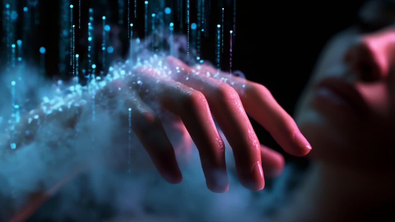 A mesmerizing glimpse into a dreamlike realm where an ethereal hand emerges through sparkling particles and mist, creating a mystical atmosphere that evokes wonder and curiosity in a digital landscape